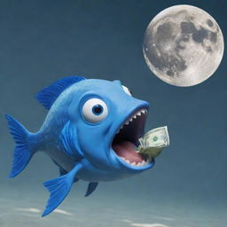 Create a meme featuring a 2D blue fish merrily distributing money from its mouth as it swims in clear water, and shouting the phrase 'Ton to the moon'