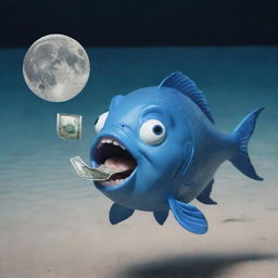 Create a meme featuring a 2D blue fish merrily distributing money from its mouth as it swims in clear water, and shouting the phrase 'Ton to the moon'