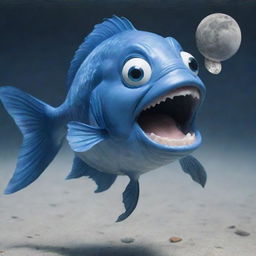 Create a meme featuring a 2D blue fish merrily distributing money from its mouth as it swims in clear water, and shouting the phrase 'Ton to the moon'