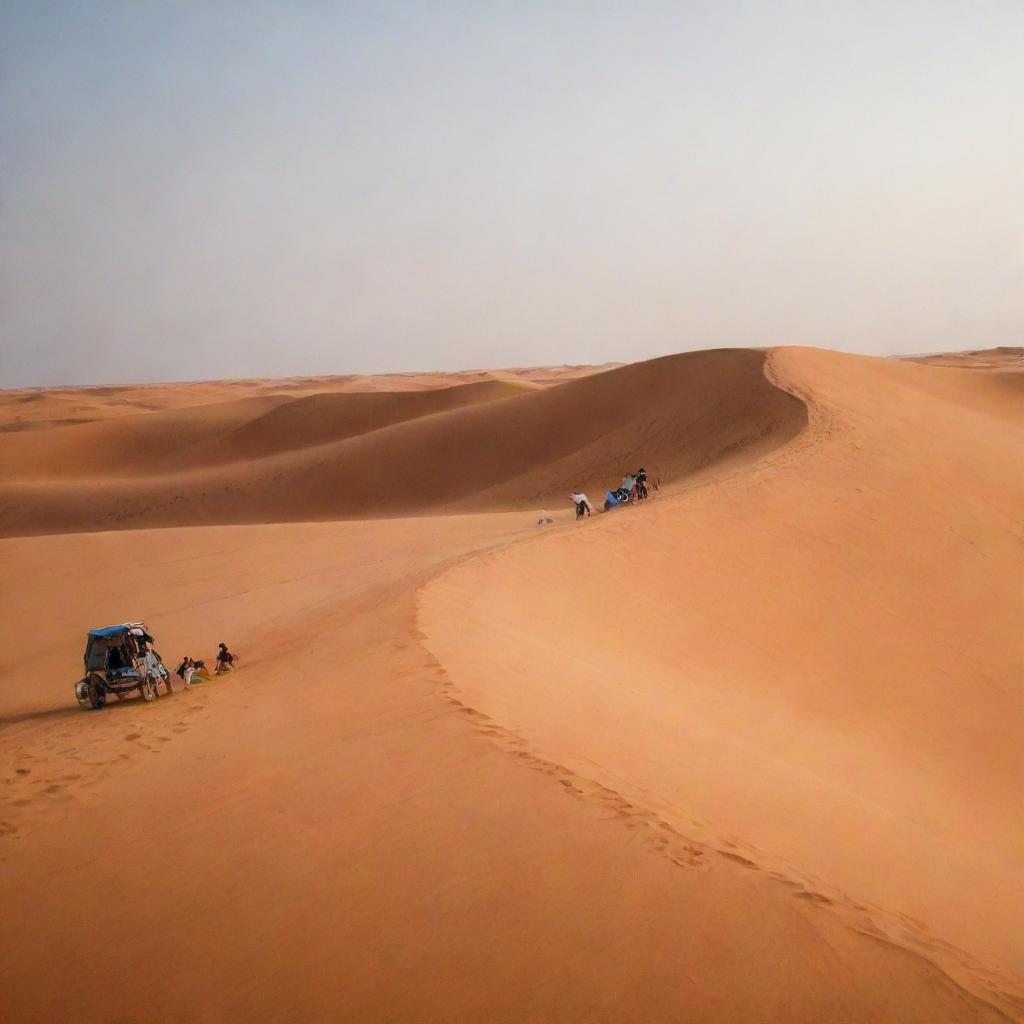 Showcase the vibrant and unique aspects of Mauritania. Include the stunning sand dunes of the Sahara, traditional Moors tents, and local inhabitants dressed in their cultural attire.