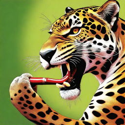 This is a high-resolution digital art image depicting a jaguar holding a human leg in its mouth