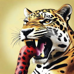 This is a high-resolution digital art image depicting a jaguar holding a human leg in its mouth