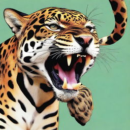 This is a high-resolution digital art image depicting a jaguar holding a human leg in its mouth