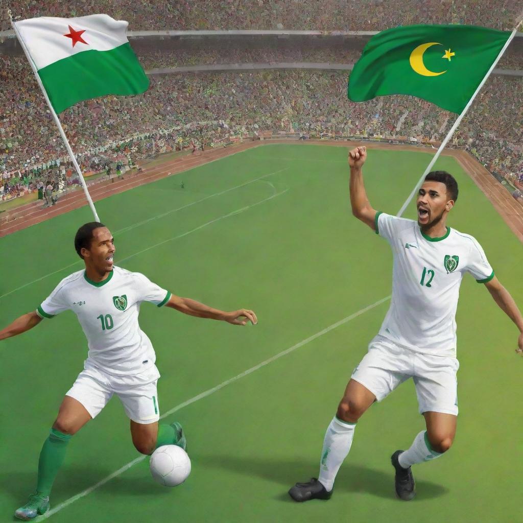 A vibrant illustration of the crucial soccer match between Mauritania and Algeria, displaying determined players, flags symbolising unity, and optimistic spectators. Infused with a sense of sport, unity, and hope.