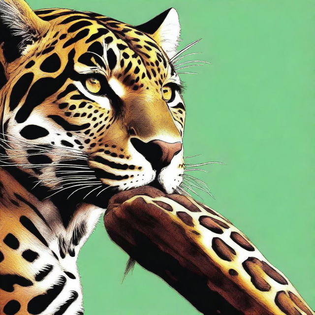 This is a high-resolution digital art image depicting a jaguar holding a human leg in its mouth