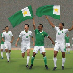 A vibrant illustration of the crucial soccer match between Mauritania and Algeria, displaying determined players, flags symbolising unity, and optimistic spectators. Infused with a sense of sport, unity, and hope.