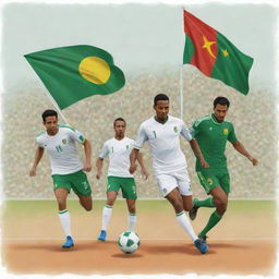 A vibrant illustration of the crucial soccer match between Mauritania and Algeria, displaying determined players, flags symbolising unity, and optimistic spectators. Infused with a sense of sport, unity, and hope.