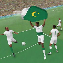 A vibrant illustration of the crucial soccer match between Mauritania and Algeria, displaying determined players, flags symbolising unity, and optimistic spectators. Infused with a sense of sport, unity, and hope.