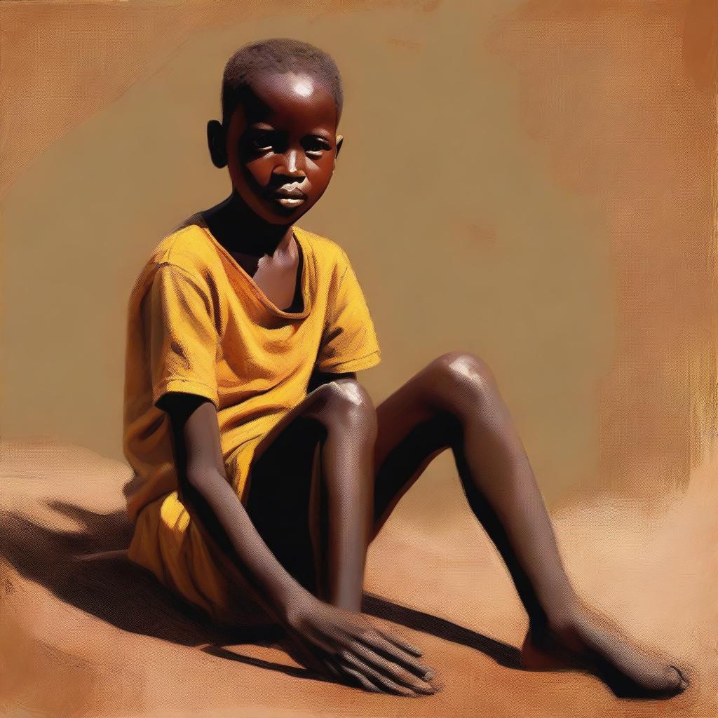 This image is a high-quality digital painting that portrays an eleven-year-old African child with one leg