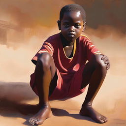 This image is a high-quality digital painting that portrays an eleven-year-old African child with one leg