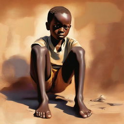 This image is a high-quality digital painting that portrays an eleven-year-old African child with one leg