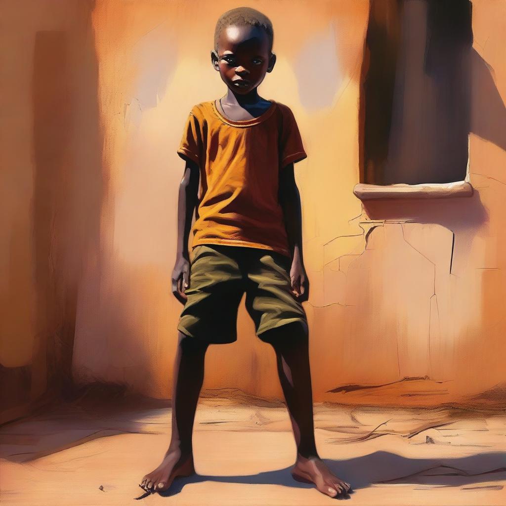 This image is a high-quality digital painting that portrays an eleven-year-old African child with one leg