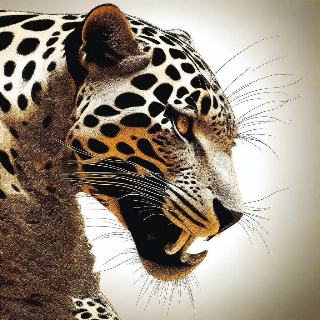 This is a striking digital art image featuring a jaguar with a human leg in its mouth