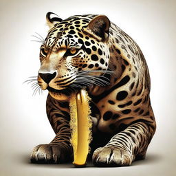 This is a striking digital art image featuring a jaguar with a human leg in its mouth