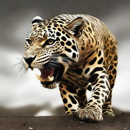 This is a striking digital art image featuring a jaguar with a human leg in its mouth