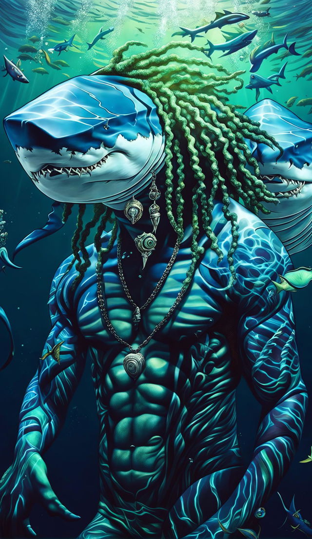 A man-shark hybrid with a muscular upper body and a shark tail, long dreadlocks, and a seashell necklace, swimming with various species of sharks in a deep blue ocean lit by shafts of sunlight.