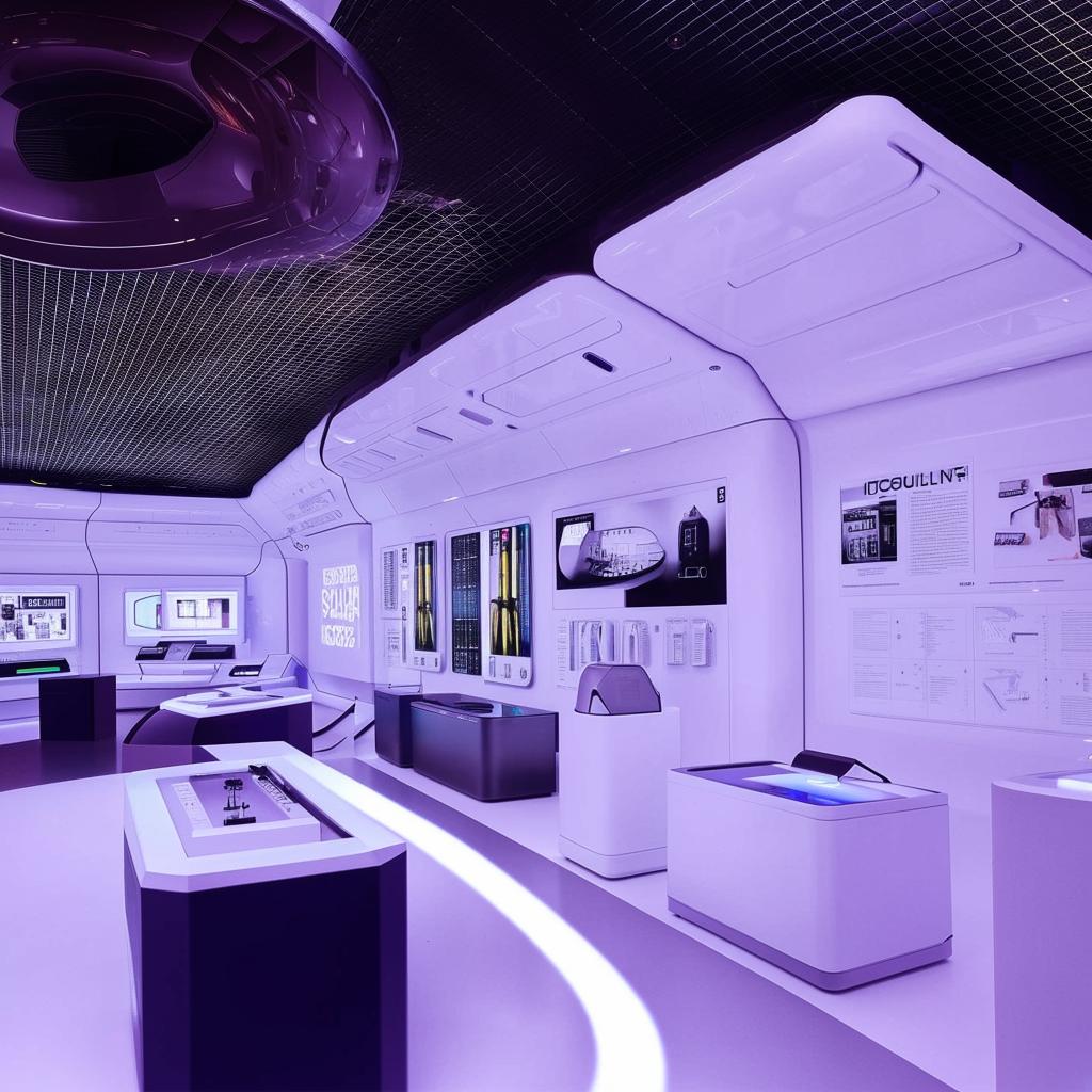 Futuristic concept store interior with interactive displays and minimalist decor.