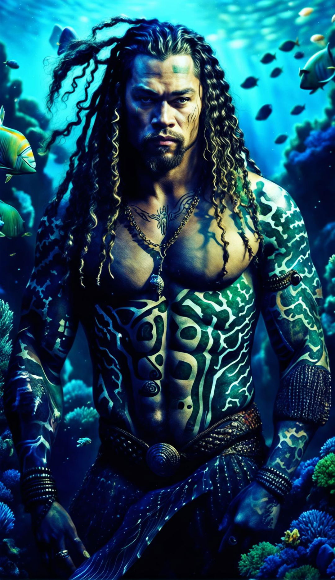 Jason Momoa with a shark's lower body, long dreadlocks, and a seashell necklace, swimming in a deep blue ocean.