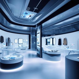 Futuristic concept store interior with interactive displays and minimalist decor.