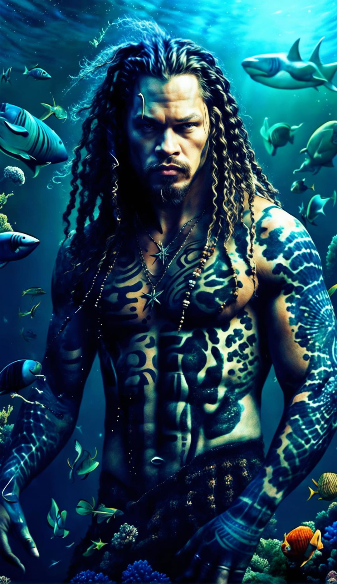 Jason Momoa with a shark's lower body, long dreadlocks, and a seashell necklace, swimming in a deep blue ocean.