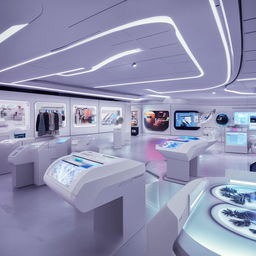 Futuristic concept store interior with interactive displays and minimalist decor.