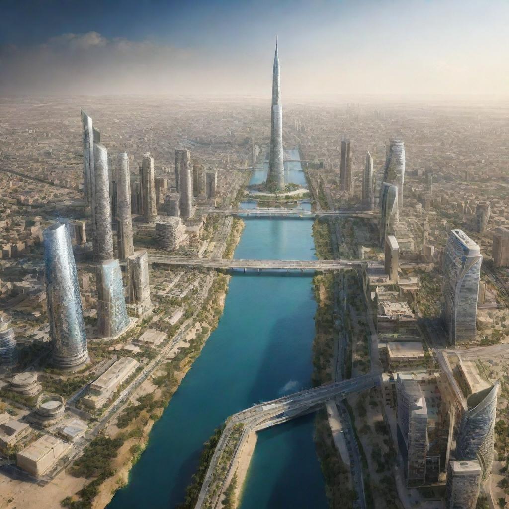 Futuristic cityscape of Iraq in 2050 with advanced infrastructure, cutting-edge technology and renewable energy sources, blending harmoniously with the rich historical and cultural landmarks.