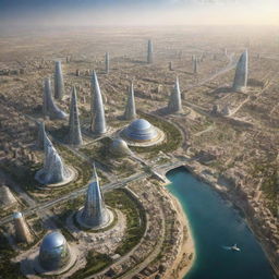 Futuristic cityscape of Iraq in 2050 with advanced infrastructure, cutting-edge technology and renewable energy sources, blending harmoniously with the rich historical and cultural landmarks.