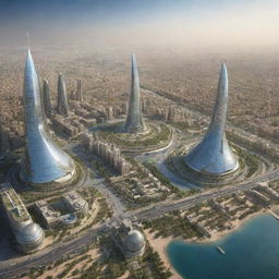 Futuristic cityscape of Iraq in 2050 with advanced infrastructure, cutting-edge technology and renewable energy sources, blending harmoniously with the rich historical and cultural landmarks.