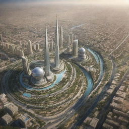 Futuristic cityscape of Iraq in 2050 with advanced infrastructure, cutting-edge technology and renewable energy sources, blending harmoniously with the rich historical and cultural landmarks.