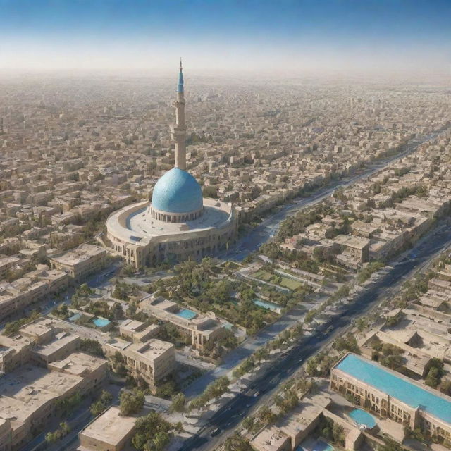 Baghdad in 2026 with a blend of modern infrastructure and historical landmarks, bustling streets, and a vibrant culture under a clear blue sky.