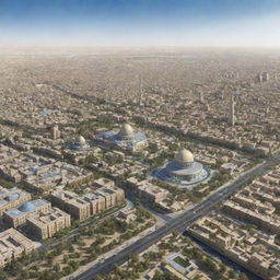 Baghdad in 2026 with a blend of modern infrastructure and historical landmarks, bustling streets, and a vibrant culture under a clear blue sky.