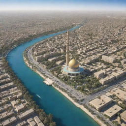 Baghdad in 2026 with a blend of modern infrastructure and historical landmarks, bustling streets, and a vibrant culture under a clear blue sky.