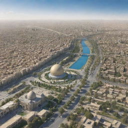 Baghdad in 2026 with a blend of modern infrastructure and historical landmarks, bustling streets, and a vibrant culture under a clear blue sky.