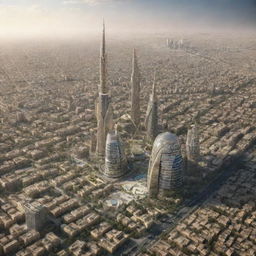 Baghdad in 2100, a fusion of historic elements and futurism - towering skyscrapers intertwined with ancient landmarks, drone-filled skies, eco-friendly transportation, and advanced infrastructure.