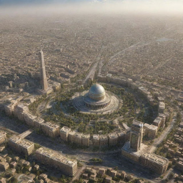 Baghdad in 2100, a fusion of historic elements and futurism - towering skyscrapers intertwined with ancient landmarks, drone-filled skies, eco-friendly transportation, and advanced infrastructure.