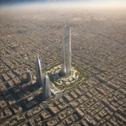 Baghdad in 2100, a fusion of historic elements and futurism - towering skyscrapers intertwined with ancient landmarks, drone-filled skies, eco-friendly transportation, and advanced infrastructure.