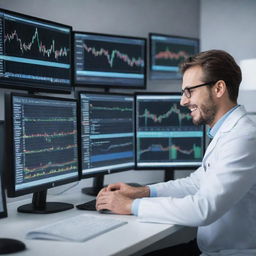 A professional dentist during the day in a modern dental office, and a dedicated forex trader at night studying multiple screens with complex charts and market data.