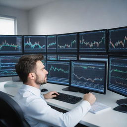 A professional dentist during the day in a modern dental office, and a dedicated forex trader at night studying multiple screens with complex charts and market data.