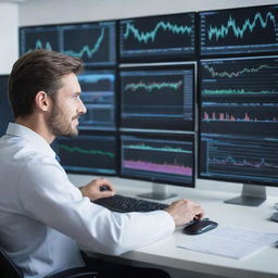 A professional dentist during the day in a modern dental office, and a dedicated forex trader at night studying multiple screens with complex charts and market data.