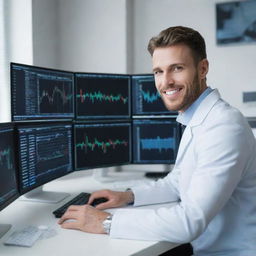 A professional dentist during the day in a modern dental office, and a dedicated forex trader at night studying multiple screens with complex charts and market data.