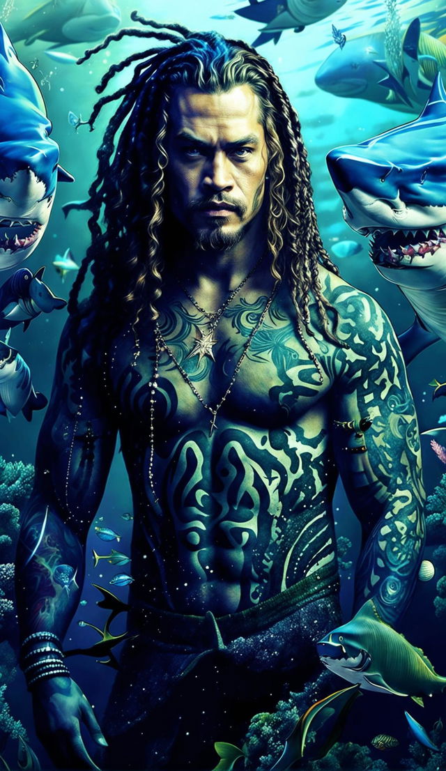 Jason Momoa with a shark's lower body, long dreadlocks, and a seashell necklace, swimming with various species of sharks in a deep blue ocean.