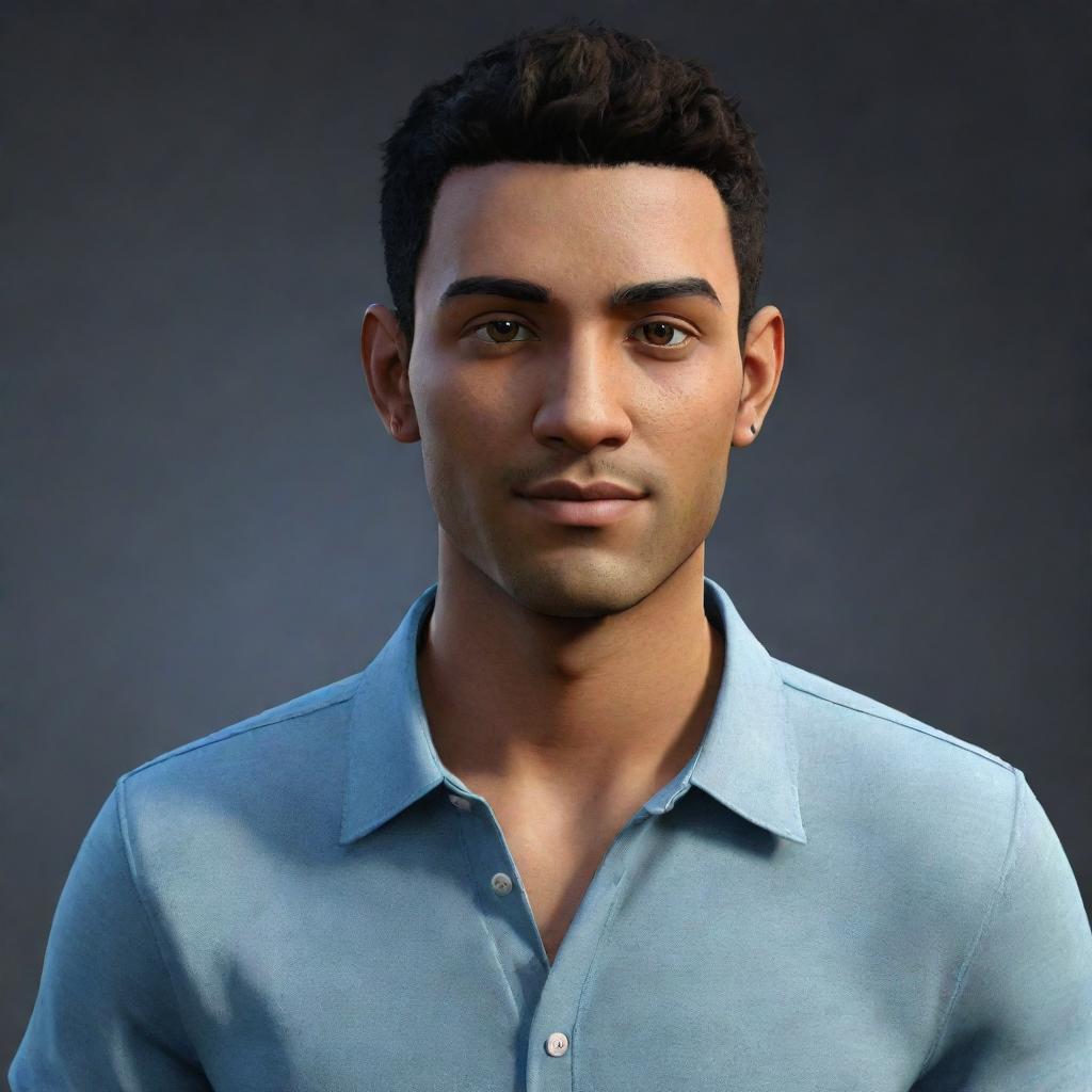 An avatar representation of a user with realistic features and details, clothing style indicative of personal taste, and posing in a comfortable environment.