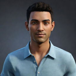 An avatar representation of a user with realistic features and details, clothing style indicative of personal taste, and posing in a comfortable environment.