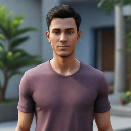 An avatar representation of a user with realistic features and details, clothing style indicative of personal taste, and posing in a comfortable environment.