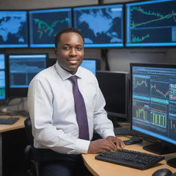 An Information and Communications Technology (ICT) trader in a high-tech office setting, surrounded by monitors displaying various software, hardware and telecom products and their respective market trends.