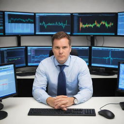 An Information and Communications Technology (ICT) trader in a high-tech office setting, surrounded by monitors displaying various software, hardware and telecom products and their respective market trends.