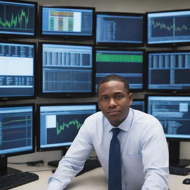 An Information and Communications Technology (ICT) trader in a high-tech office setting, surrounded by monitors displaying various software, hardware and telecom products and their respective market trends.