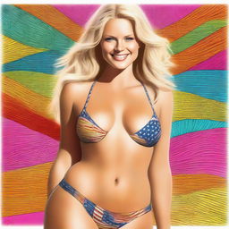 This is a high-quality digital art image of a blonde-haired American woman, donning a small, tight bikini