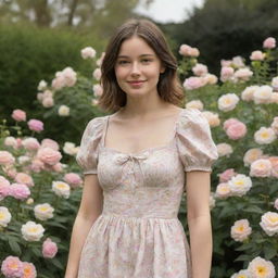 A feminine figure with neutral features respectfully representing a user's girlfriend. She stands in a garden surrounded by flowers, full of warmth and happiness.