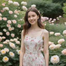 A feminine figure with neutral features respectfully representing a user's girlfriend. She stands in a garden surrounded by flowers, full of warmth and happiness.